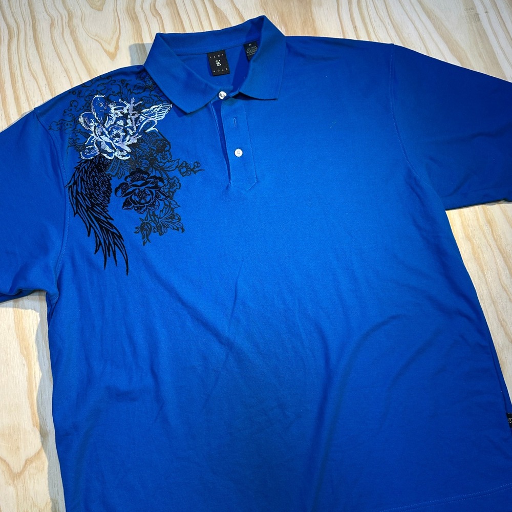 Karl Kani Gold Men's Graphic Cross Floral Embroidered Blue Polo Shirt Size 3X